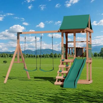 BUPPLEE 4-in-1 Wooden Swing Set for Backyard, Kids Playset with Slide & Climbing Wall