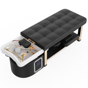 Holaki Head Spa Massage Table with Water Cycle and Fumigation, Stationary PU Leather Salon Bed, Stainless Steel Gold Frame, Black