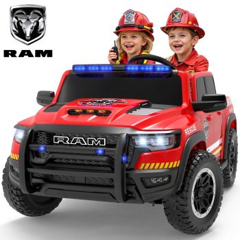 24V 2 Seater Ram 1500 RHO Fire Truck Car Ride on for Big Kids, Carros Eléctricos Para Niños with Remote Control, Ride on Fire Truck w/Siren, Flashing Lights, Bed Storage, Electric Fire Truck Red