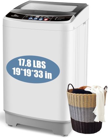 Veeboto Full Automatic Washing Machine, 17.8LBS Portable Washing Machine with Glass Top-Load & Drain Pump, Washer for Home Apartment and Dorm