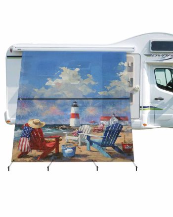 4th of July RV Awning Sun Shade Screen 9'X7' Beach Lounge Chairs Mesh Sunscreen Patriotic American Flag Fireworks Awning Shade Screen with Zipper UV Blocker Completed Kits for RV Motorhome Camper