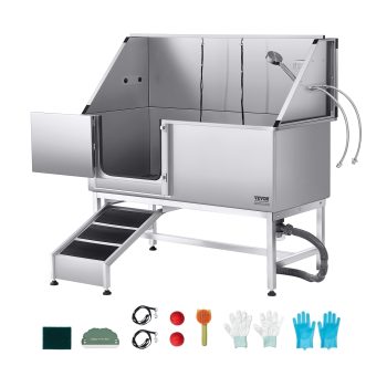 VEVOR Stainless Steel Dog Washing Station, 62 inch Pet Grooming Tub w/ Ramp, PE Water Filter Board, Faucet & Showerhead & Soap Holder(Left Door)