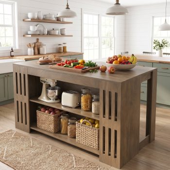 Fnova 55" Kitchen Island with Seating and Storage, Farmhouse 3-Tier Island Table with Spacious Worktop for Dining Room, Brown