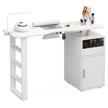 Manicure Table for Nail Tech, Acetone Resistant Nail Desk Station with Dust Collector & LED Lamp, Nail Table with Wrist Cushion, 4-Tiers Shelves, Drawer and Cabinet for Beauty Workstation
