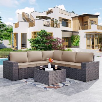 Kullavik 6 Pieces Patio Furniture Sets All Weather Outdoor Sectional Sofa Manual Weaving Wicker Rattan Patio Conversation Set with Cushion and Glass Table ()