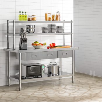 Dextrus 60" X 24" Stainless Steel Table with Overshelves and 3 Drawers, Work Table with 72" X 12" Shelf & 3 Drawers, Metal Table Prep Table