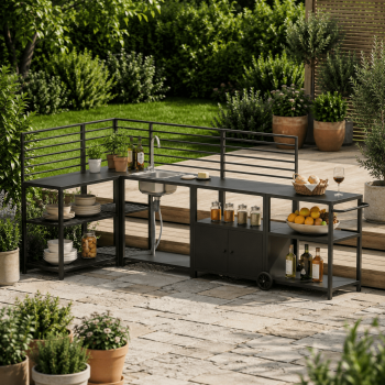 LAZZO Outdoor Kitchen Serving Station, Grill Cart with Sink & Stainless Steel Faucet, Storage Cabinet, Shelves and Hooks