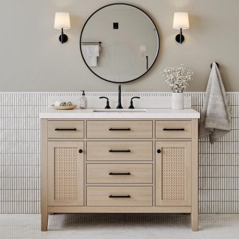 ARIEL CAMILA 48 INCH SINGLE RECTANGLE SINK BATHROOM VANITY WITH CARRARA WHITE QUARTZ COUNTERTOP 1.5 INCH EDGE IN Oak