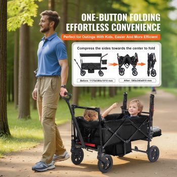 KFFKFF Collapsible Wagon Stroller for Two Kids, Push and Pull Design with Adjustable Handle, Safety Harness, Detachable Canopy, Four Wheels with Brakes, Versatile Tandem Stroller for Outdoor, Black