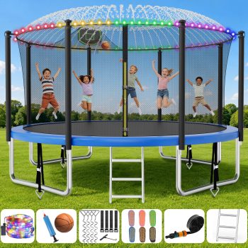 1000LBS Trampoline for Kids Adults with Basketball Hoop, Safety Enclosure, Sprinkler, LED Light & Wind Stakes – Heavy Duty Outdoor