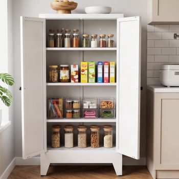 Glyxxen 47" Kitchen Pantry Cabinet, Metal Storage Cabinet, Modern Tall Steel Pantry Cupboard with 2 Doors and Adjustable Shelves for Kitchen Garage and Home