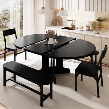 Virans 5-Piece Round Room Dining Table Set for 4-6,59" Extendable Kitchen Table with 2 Ergonomic Chairs & 2 Benches,Oval Modern Dining Set with MDF Board for Small Space