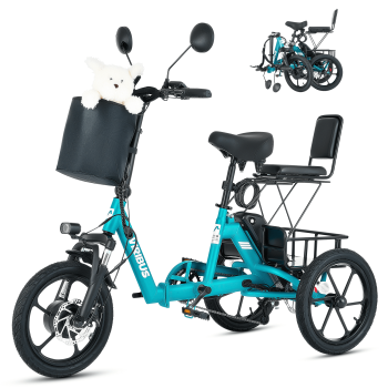 VIRIBUS Folding Electric Tricycle with 2 Seats, 350W 16 in. Foldable Electric Tricycle with Differential Lock UL Certified 48V 10.4Ah Battery, Single-Speed 3 Wheel Electric Bike for Adults Teal