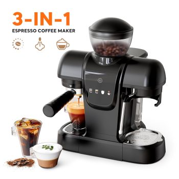 i Cafilas 20 Bar Semi Automatic Espresso Machine with Built-in Grinder&Steam Wand, Pre-Infusion, NTC Temp Control, 58mm Single/Double Portafilter, Removable Water Tank & Drip Tray()