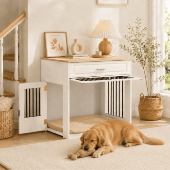 Laitimia 37.4'' Large Dog Crate Furniture with Flip-up Door, 360° Rotating Feeder, Furniture Style for Large Dogs