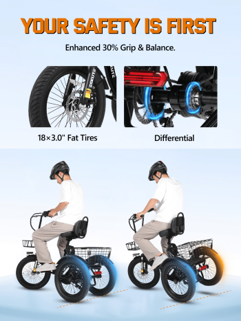 ESKUTE 2 Pcs T300 E Trike Electric Tricycle for Adults, 750W Brushless Motor 18MPH Fat Tire Folding Trike, Step-Thru 3 Wheel Electric Bicycle, Up to 55 Miles Black & White, UL2849