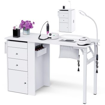 Advwin Foldable Manicure Table with Dust Collector, LED Lamp, Wrist Rest, Lockable Wheels, Drawers and Cabinet, Portable Nail Desk Compact Nail Station with Spacious Top