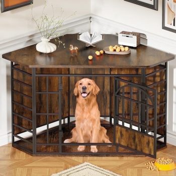 52 Inch Large Corner Dog Crate Furniture, Vintage Wooden Pet Kennel, Decorative Indoor Dog Cage
