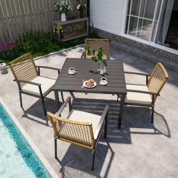 LAUSAINT HOME 5-Piece Outdoor Patio Dining Set, Wicker Patio Furniture Set with 4 Chairs, Cushions and Square Dining Table with Umbrella Hole, Backyard Garden Poolside Furniture