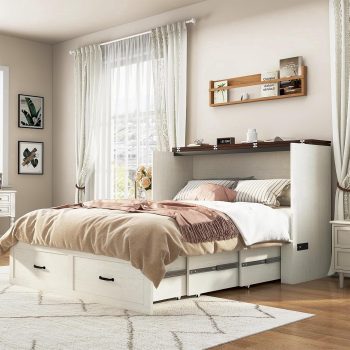 ANPOO Size Murphy Chest Bed with Drawer and Power Outlets, Farmhouse Wood Hidden Folding Bed Chest w/2 Storage Drawers, Multifunctional Storage Cabinet Bed for Bedroom