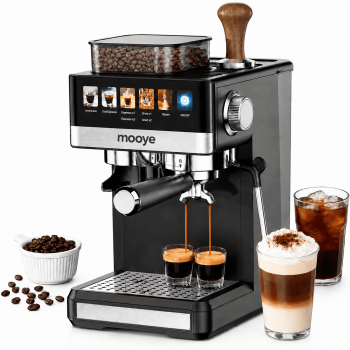 Mooye All-in-One Espresso Machine with Grinder, 20-Bar Espresso Maker with Milk Frother for Latte & Cappuccino, Black