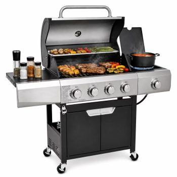 Highsound 4-Burner Propane Gas Grill with Side Burner, 51,000 BTU Outdoor Barbecue Grill, Stainless Steel BBQ Grill for Backyard Cooking, Black