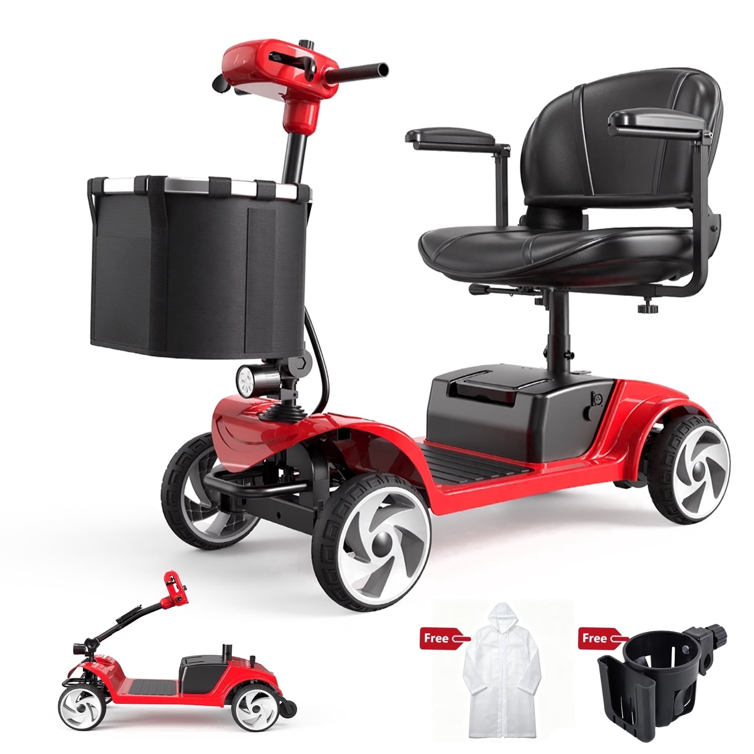 Electric Mobility Scooter for Adults, 350W motor,4 Wheel Folding Mobility Scooter, 24V 12Ah Removable Battery, 15 Miles Range, 300 LBS Capacity, 6.2 MPH with Basket, Rain Cover & Cup Holder