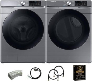 Samsung Platinum Front Load Smart Washer and Electric Dryer Laundry Pair 4.5 Cu Ft Washer 7.5 Cu Ft Dryer Steam Laundry System with Power Cord Vent Kit Water Hoses 12 Month Warranty