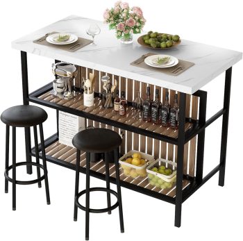 MOOSENG 3-Piece Kitchen Island Set with Storage, Wooden Bar Table and 2 Stools, Industrial Modern Counter Height Dining Table Sets for Small Spaces, Dining Room