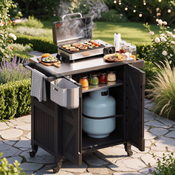 EVOKEDEN Outdoor Grill Cart with Storage Cabinet, Movable Kitchen Island with Wheels, PP Material Rolling BBQ Food Prep Table Cart for Patio, Black