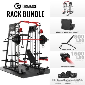 MDJB Smith Machine Home Gym, 2200 lbs Power Rack Cage with 800 lbs Capacity Adjustable Bench and Cable Crossover System, Weight Bar, 360 Landmine, Home Gym