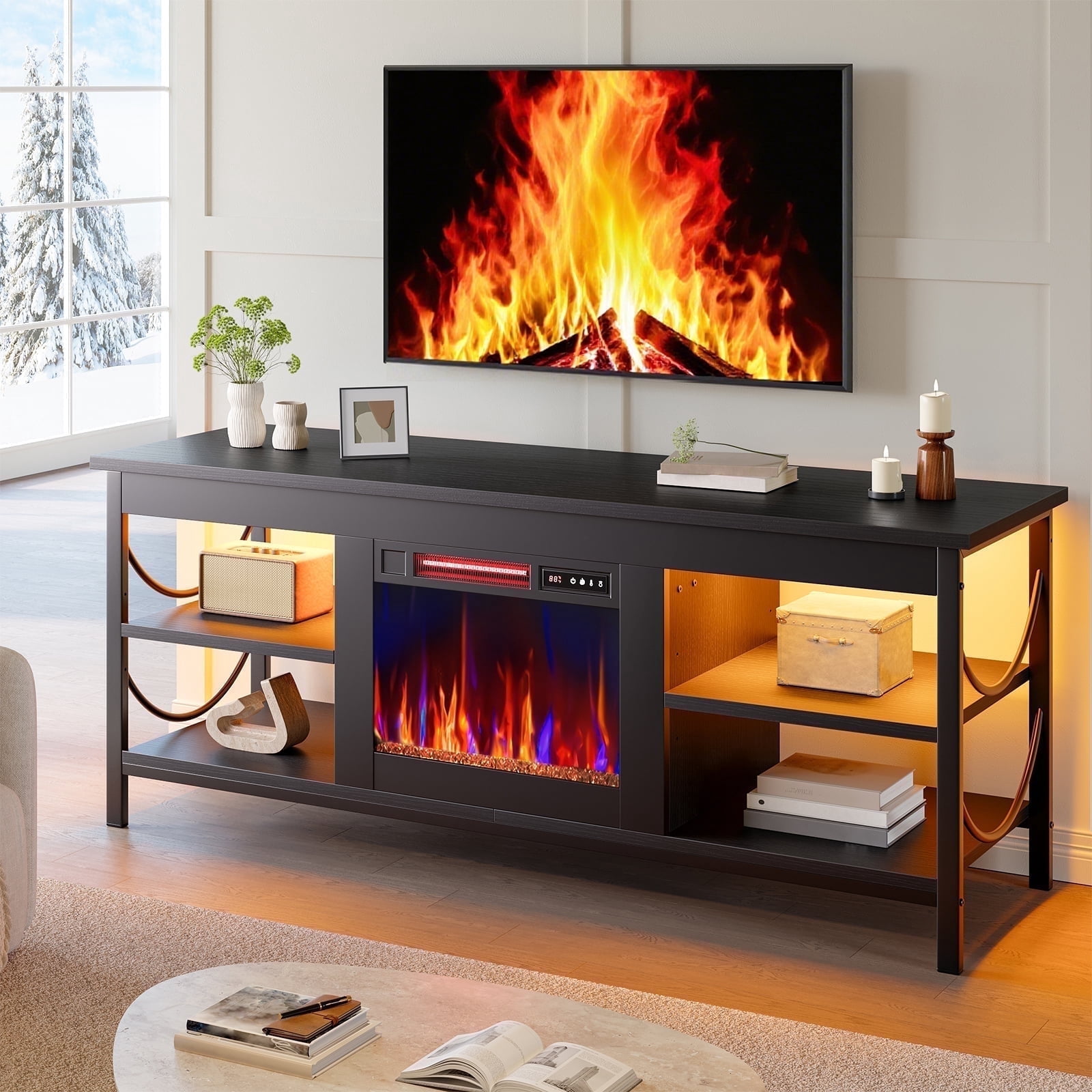 Pinmoco Electric Fireplace TV Stand for TVs up to 65", LED Entertainment Center with Adjustable Shelves, Media Console Table for Living Room, Bedroom