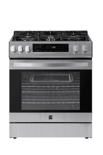 Kenmore 5.6 cu. ft. Front-Control 5 Burner True Convection Gas Range (240V) with Oven, Large Window, Three Oven Racks, Dishwasher Safe Cast Iron Grates