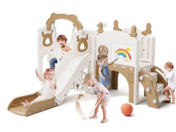KORIMEFA Toddler Slide Set, Kids Slide with Swing, Outdoor Indoor Playground for Toddlers 1-4, Toddler Climber Slides PlaySet with Basketball Hoop and Ball, Tunnel and Storage Space