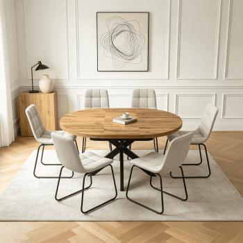 43.2"-59.2" Extendable Round Dining Table Set for 4-6,7 Piece Mid Century Modern Round Kitchen Table Set with 6 Upholstered Chairs for Kitchen Living Room, Space Saving