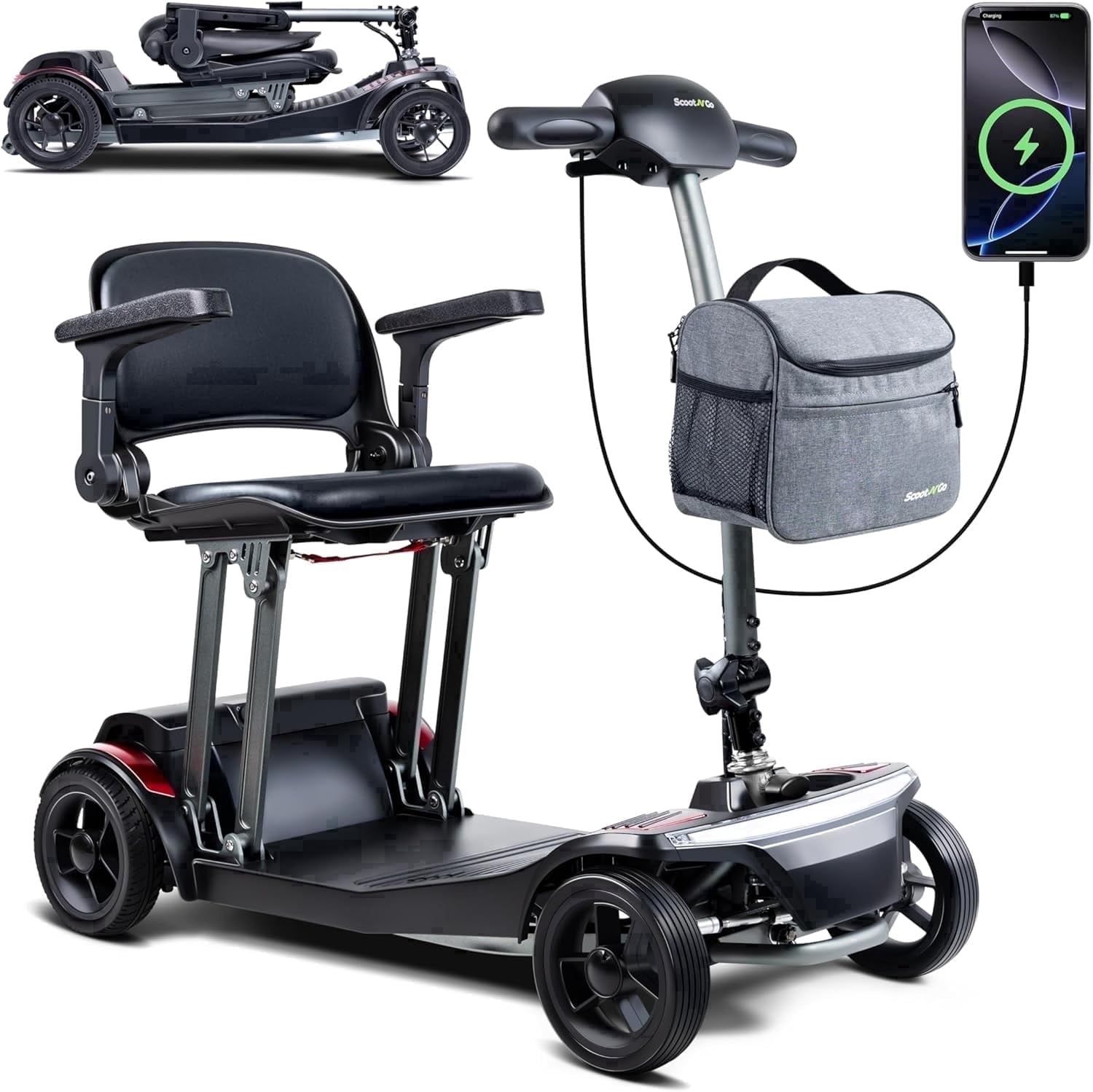 ScootNGo FOLO Foldable Mobility Scooter for Seniors & Adults - Air-Travel Ready, 44lb Lightweight, USB & Storage Bag