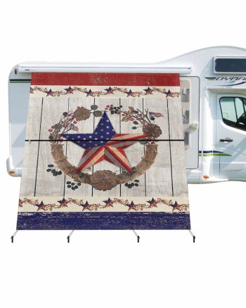 4th of July RV Awning Sun Shade Screen 9'X7' Texas Stars Wreath Mesh Sunscreen Patriotic Star on Rustic Wood Awning Shade Screen with Zipper UV Blocker Completed Kits for RV Motorhome Camper