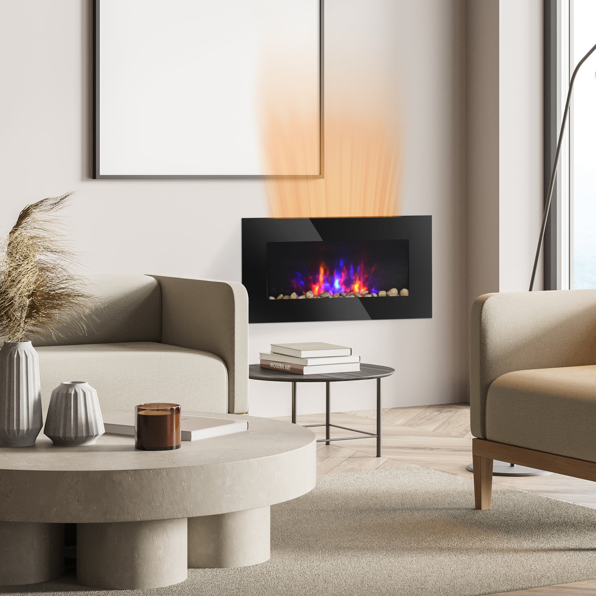 HOMCOM 28.5" 1500W Electric Wall-Mounted Fireplace with Flame Effect, 7 Color Background Light, Black