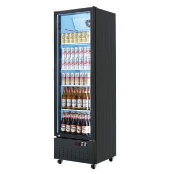 KFFKFF Commercial Glass Door Refrigerator, 12.7 Cu.Ft / 360 L Upright Beverage Cooler with Adjustable Shelves, LED Lighting, and Casters for Home, Shop, or Bar Use