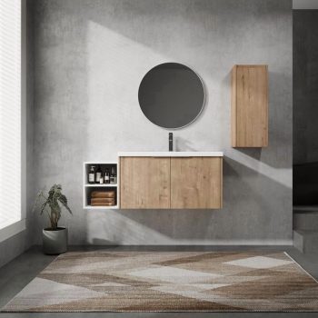 FFZ 48 inch Wall-Mounted Bathroom Vanity with Sink, Side Cabinet and Soft-Close Doors, Imitative Oak