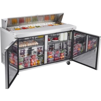 KFFKFF 60"W Commercial Refrigerator, 15.4 Cu. Ft Sandwich Prep Table, Mega Top Food Prep Fridge with 16 Pans and Cutting Board, Stainless Steel Salad Prep Cooler for Restaurant and Food Truck