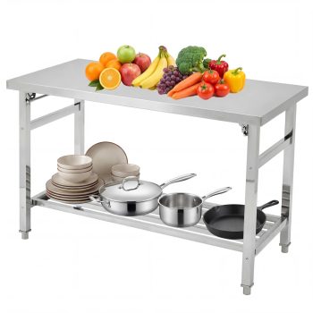 BouPower 60" x 24" NSF Certified Stainless Steel Folding Prep Table, Heavy Duty Commercial Work Table with Adjustable Undershelf for Kitchen Restaurant Food Service