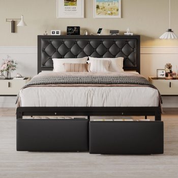 lifezone Bed Frame with Leather Upholstered Headboard, Lockable Storage, Queen Size