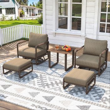JXXM 5 Piece Outdoor Swivel Rocker Chair Set with Ottomans & Side Table, 360° Swivel Rocking Patio Chairs, Aluminum Frame, 6" Thick Cushions, 24" Wide Seat, 380 lbs Capacity for Porch Deck Backyard