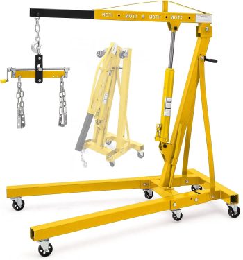 2-Ton Folding Engine Hoist with Lever 4400 LBS Hydraulic Cherry Picker Shop Crane 6 Casters and Telescopic Boom for Garage Use Yellow