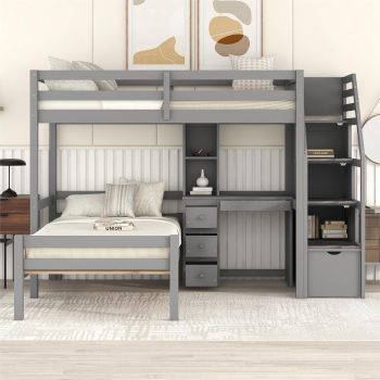 MODERNLUXE Wood Twin Size Bunk Bed with Platform Bed and Desk, Storage Staircase, Drawers and Shelves
