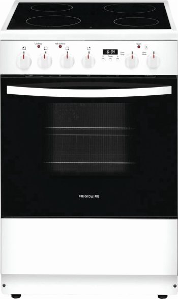 Frigidaire FCFE2425AW 24'' Freestanding Electric Range with 4 Elements, Smoothtop Cooktop, Storage Drawer, Convection Oven, Viewing Window, Storage Drawer, in White