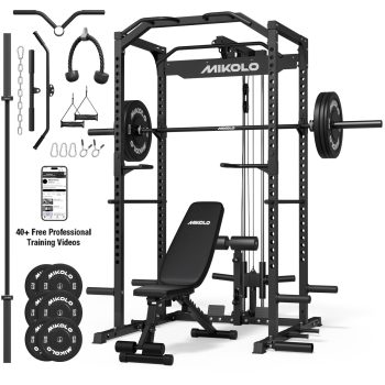 Mikolo Power Rack Cage, 1200LBS Weight Cage Home Gym with 800LB Capacity Adjustable Weight Bench, 1500LB Capacity Barbell and 100LB Weight Plate Set, Black