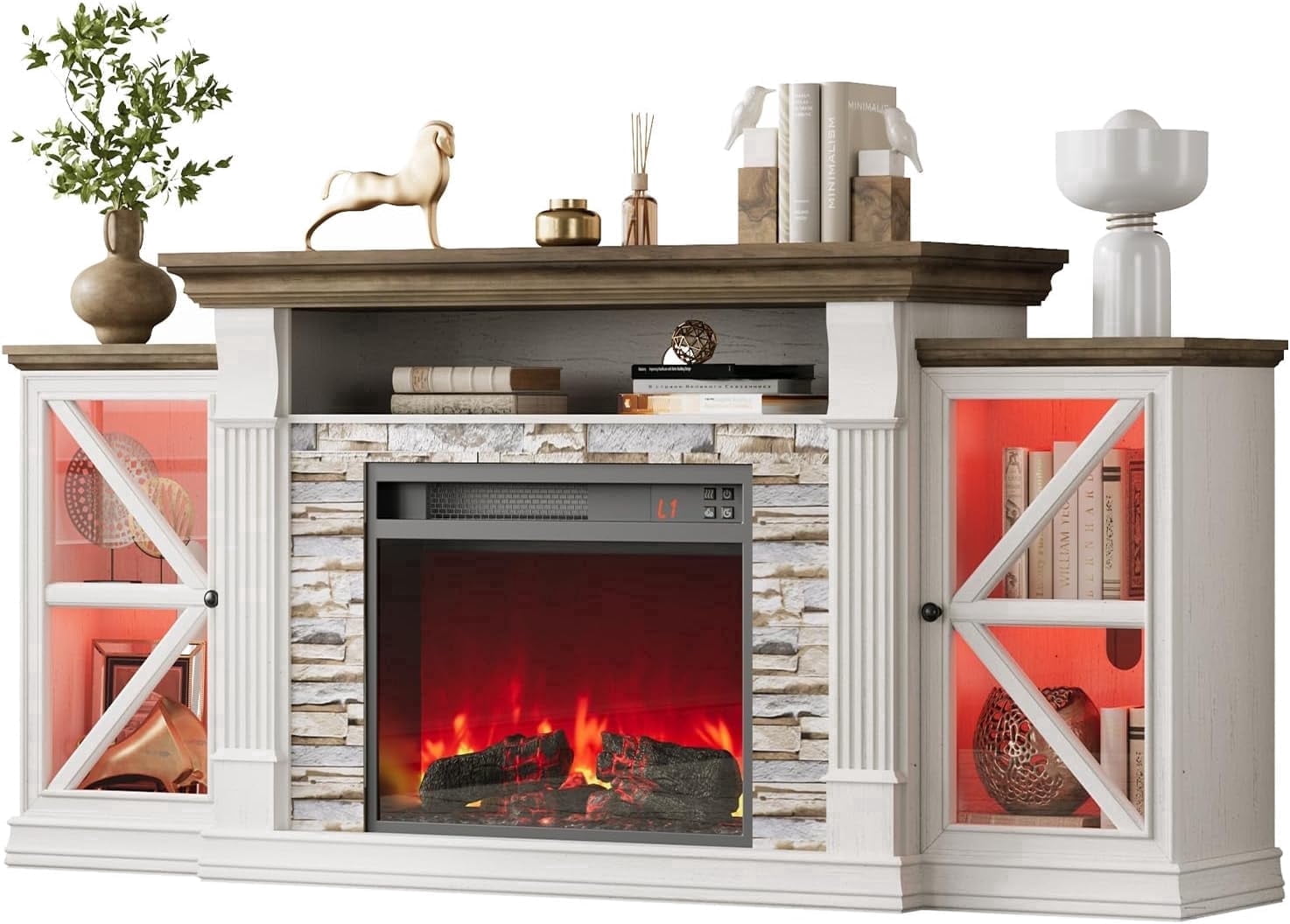 Vecenuy Electric Fireplace TV Stand, 70" Farmhouse Entertainment Center with Open Shelf and Glass Barn Door Cabniet, Modern TV Console Table with 7 Flame Colors for Living Room, Antique White