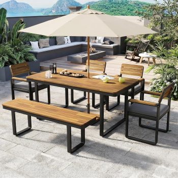 6-Piece Outdoor Patio Dining Set, Acacia Wood Table with 4 Chairs & Bench, Cushions Seats 6-7 for Backyard Garden
